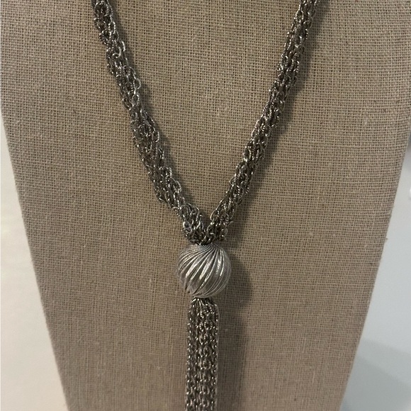 Vintage Trifari Silver Tone Multi-Strand Tassel Necklace Textured Ball Slider - Picture 5 of 8